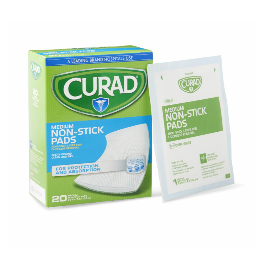 Box of Medline CURAD Sterile Nonstick Pads with blue and green labeling beside a single wrapped pad—both labeled for wound protection and absorption, ideal for effective wound care.